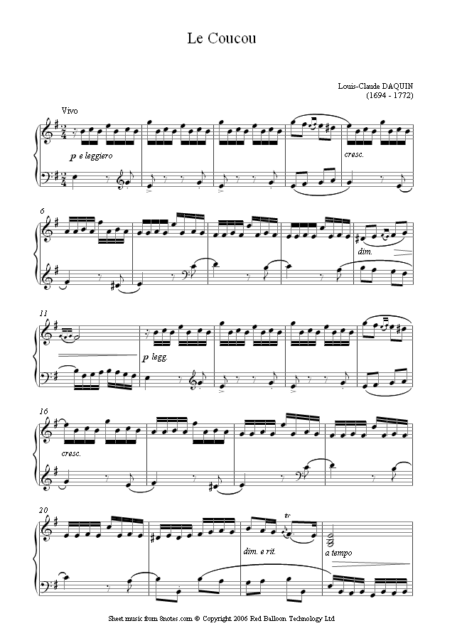 Daquin - Le CouCou (The Cuckoo) sheet music for Piano Daquin - Le CouCou (The Cuckoo) sheet music for Piano