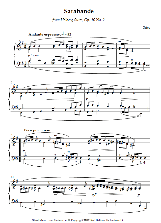 Grieg - Sarabande from Holberg Suite, Op. 40 No. 2 sheet music for Piano Grieg - Sarabande from Holberg Suite, Op. 40 No. 2 sheet music for Piano