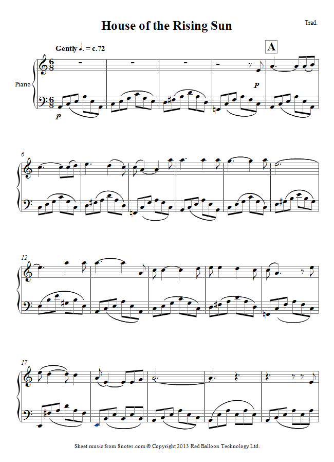 House Of The Rising Sun Sheet Music For Piano 8notes House Of The Rising Sun Sheet Music For Piano 8notes