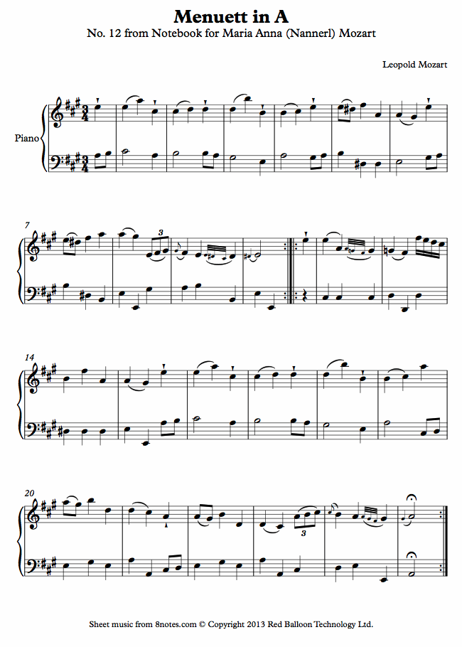 Mozart - Menuett in A No. 12 from Notebook for Maria Anna (Nannerl) Mozart sheet music for Piano Mozart - Menuett in A No. 12 from Notebook for Maria Anna (Nannerl) Mozart sheet music for Piano