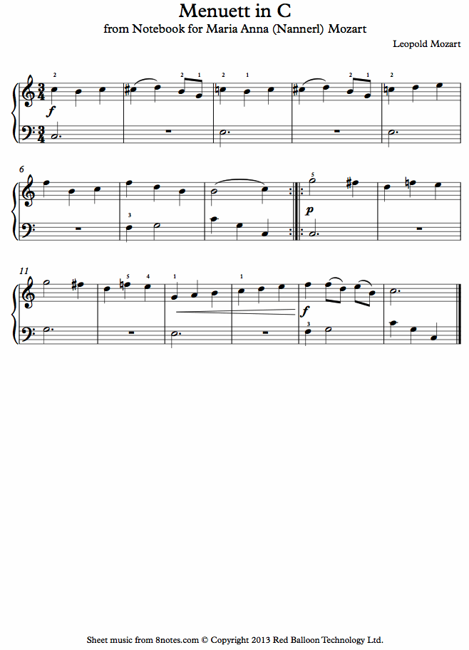 Mozart - Menuett in C from Notebook for Maria Anna (Nannerl) Mozart sheet music for Piano Mozart - Menuett in C from Notebook for Maria Anna (Nannerl) Mozart sheet music for Piano