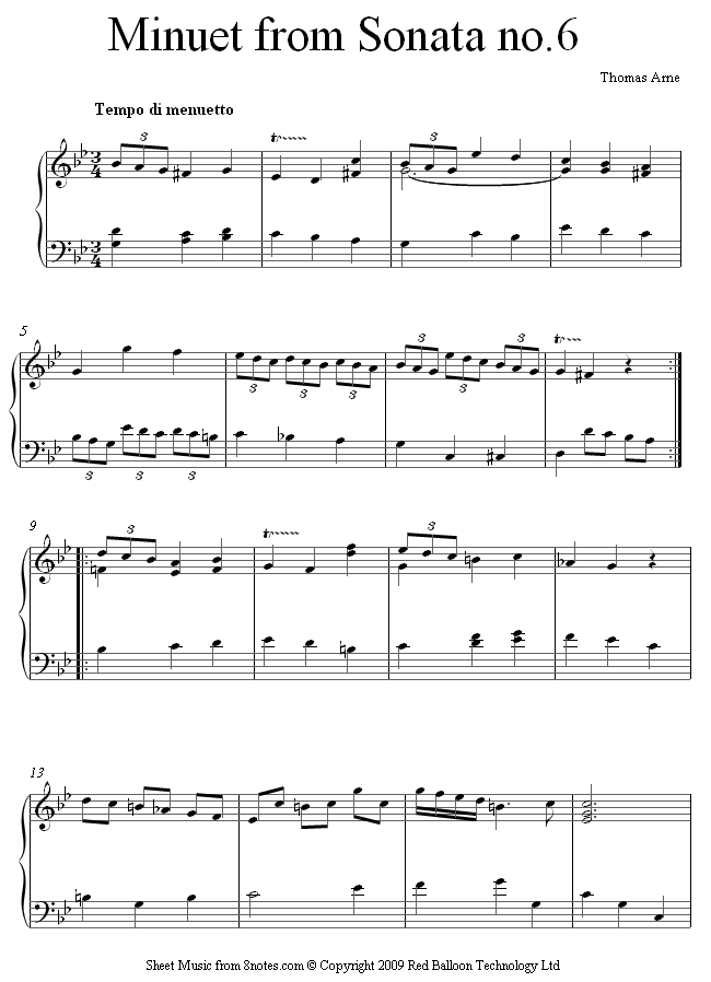 Arne - Minuet from Sonata no.6 sheet music for Piano Arne - Minuet from Sonata no.6 sheet music for Piano