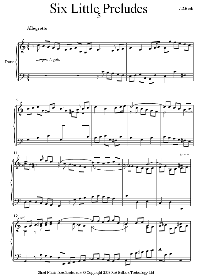 Bach - Bach Six Little Prelude no5. BWV943 sheet music for Piano Bach - Bach Six Little Prelude no5. BWV943 sheet music for Piano