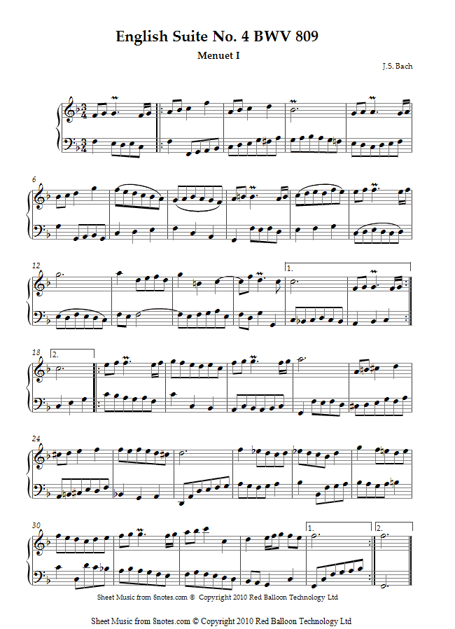 Bach - English Suite No. 4 BWV 809 Menuet I sheet music for Piano Bach - English Suite No. 4 BWV 809 Menuet I sheet music for Piano