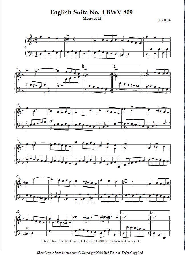 Bach - English Suite No. 4 BWV 809 Menuet II sheet music for Piano Bach - English Suite No. 4 BWV 809 Menuet II sheet music for Piano