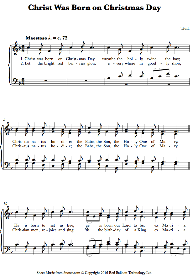 Christ Was Born on Christmas Day sheet music for Piano - 8notes.com