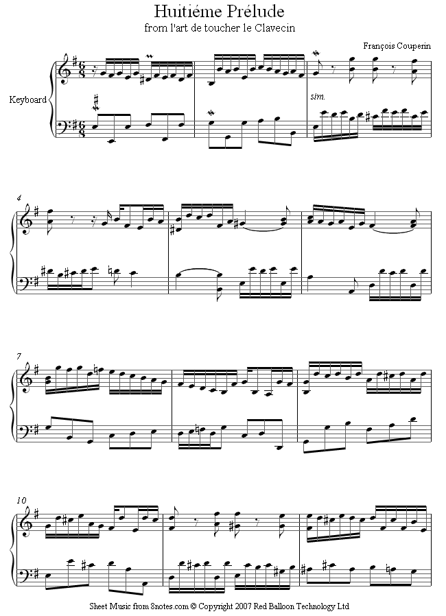 Couperin - Huitieme Prelude from l'art de toucher le Clavecin sheet music for Piano Couperin - Huitieme Prelude from l'art de toucher le Clavecin sheet music for Piano