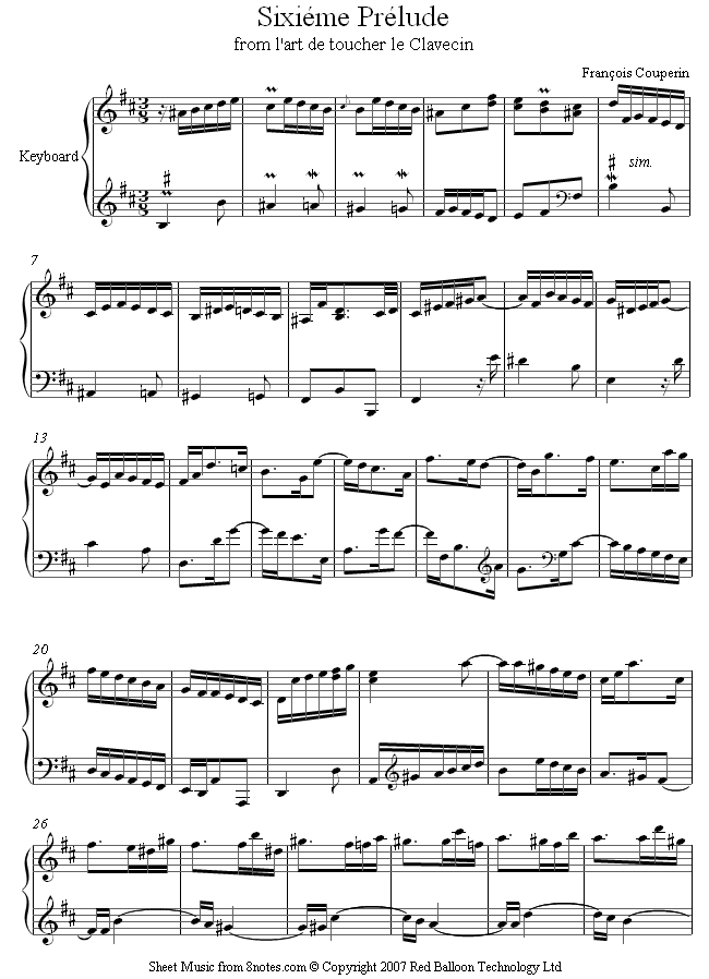 Couperin - Sixieme Prelude from l'art de toucher le Clavecin sheet music for Piano Couperin - Sixieme Prelude from l'art de toucher le Clavecin sheet music for Piano