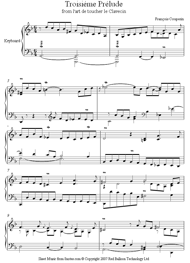 Couperin - Troisieme Prelude from l'art de toucher le Clavecin sheet music for Piano Couperin - Troisieme Prelude from l'art de toucher le Clavecin sheet music for Piano