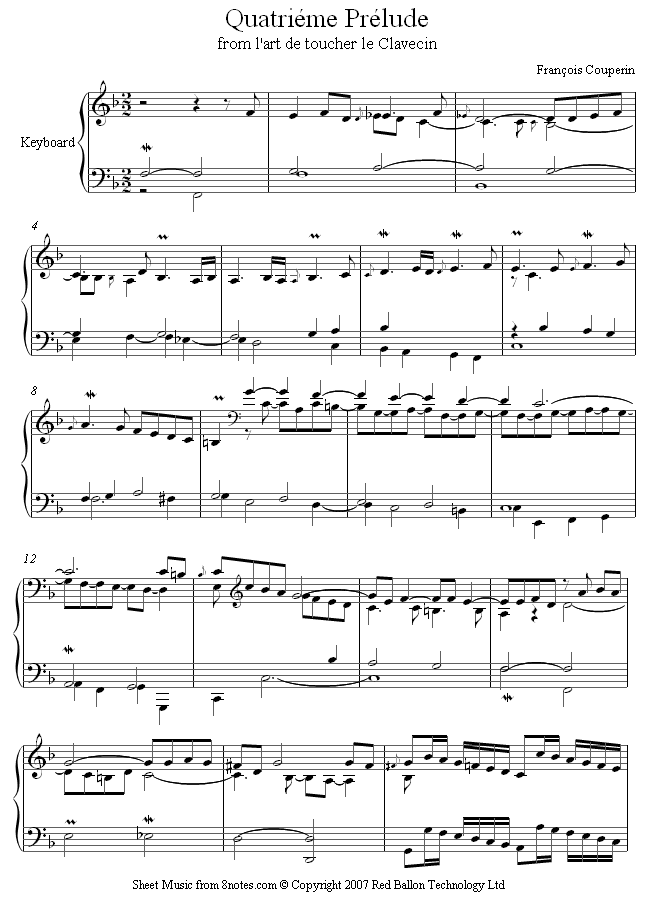 Couperin - Quatrieme Prelude from l'art de toucher le Clavecin sheet music for Piano Couperin - Quatrieme Prelude from l'art de toucher le Clavecin sheet music for Piano