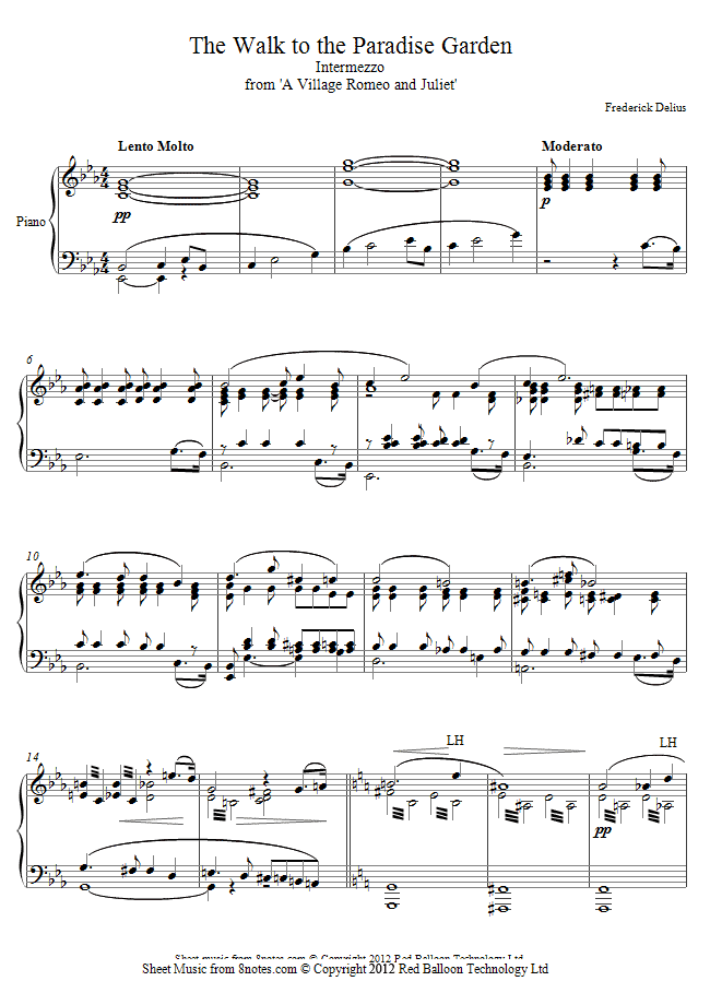 Delius - The Walk to the Paradise Garden- Intermezzo from A Village Romeo and Juliet sheet music for Piano Delius - The Walk to the Paradise Garden- Intermezzo from A Village Romeo and Juliet sheet music for Piano