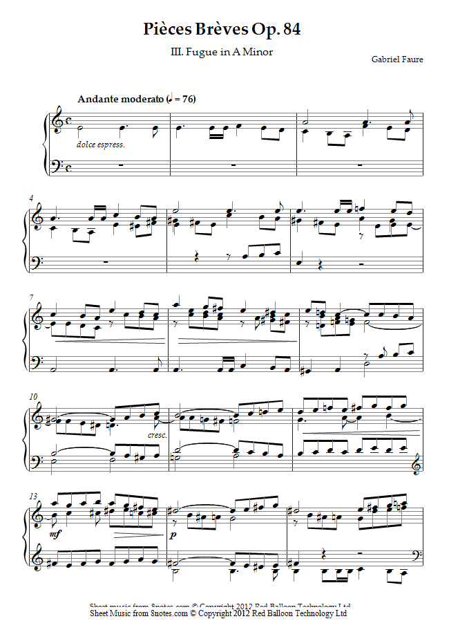 Fauré - Pieces Breves Op. 84 III. Fugue in A Minor sheet music for Piano Fauré - Pieces Breves Op. 84 III. Fugue in A Minor sheet music for Piano