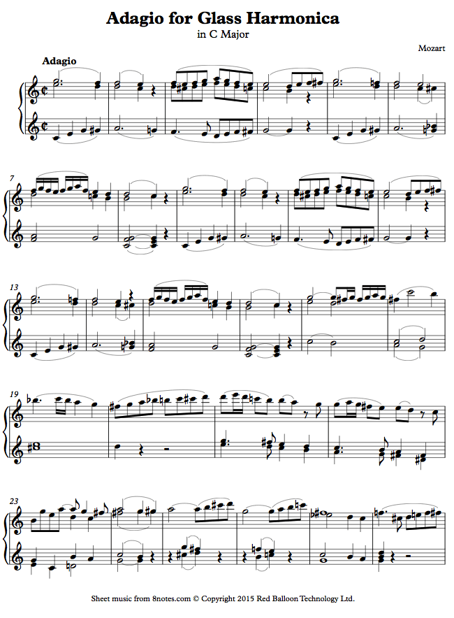 Mozart Adagio for Glass Harmonica in C major sheet music for Piano