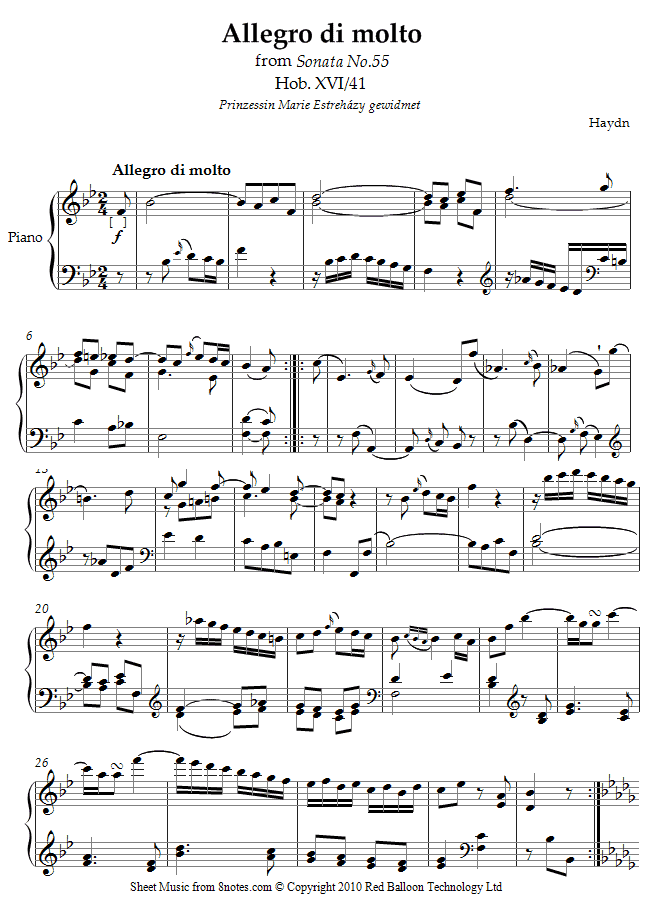 Haydn - Allegro di molto from Sonata No.55 Hob. XVI/41 sheet music for Piano Haydn - Allegro di molto from Sonata No.55 Hob. XVI/41 sheet music for Piano
