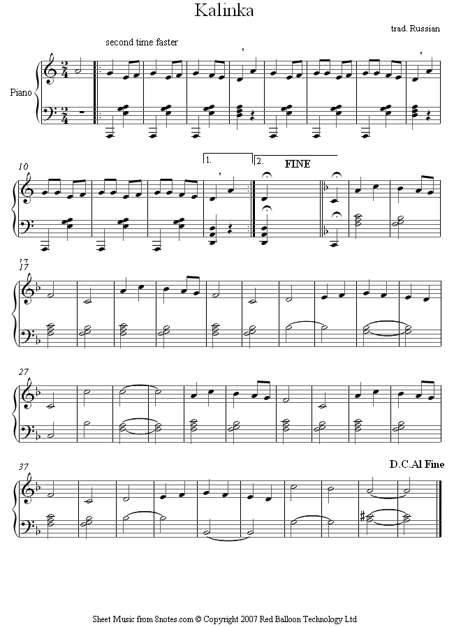 Kalinka sheet music for Piano Kalinka sheet music for Piano