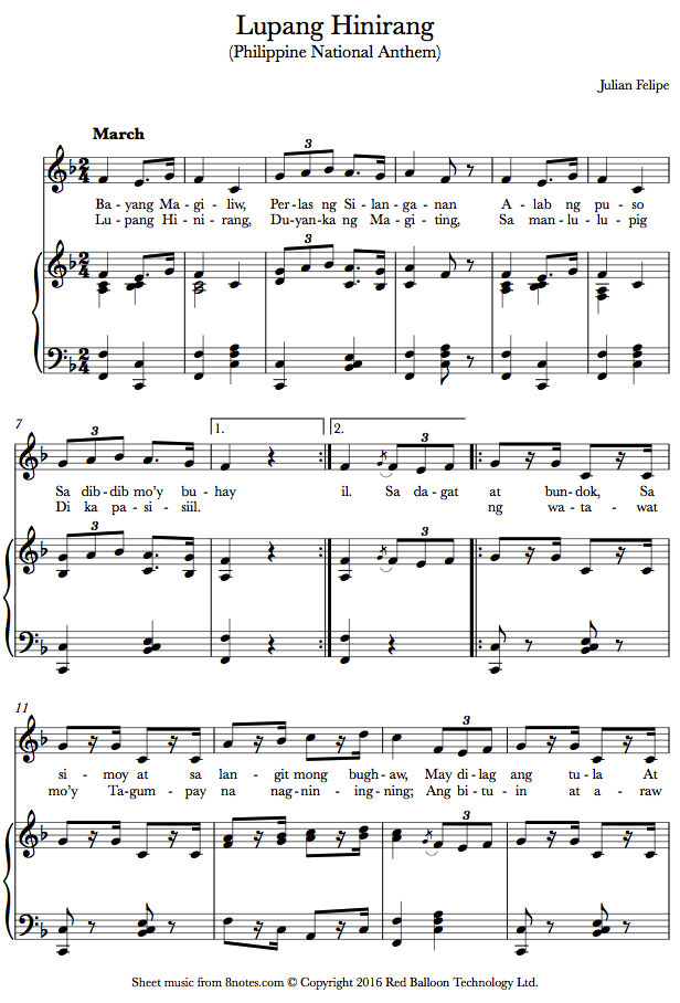 piano lupang hinirang national philippine sheet anthem keyboard 8notes play