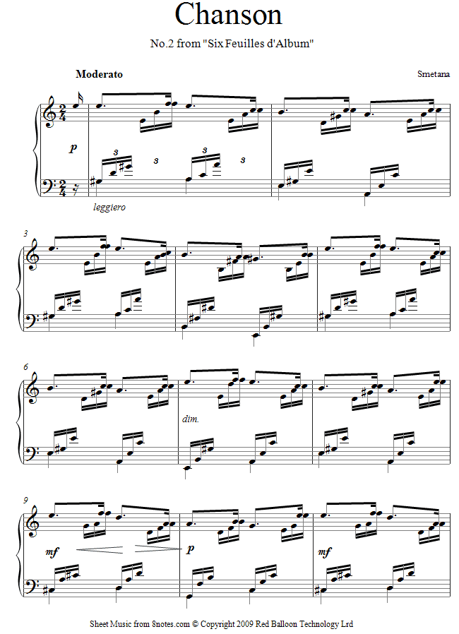 Smetana - Chanson no.2 from Six Feuilles d'Album sheet music for Piano Smetana - Chanson no.2 from Six Feuilles d'Album sheet music for Piano