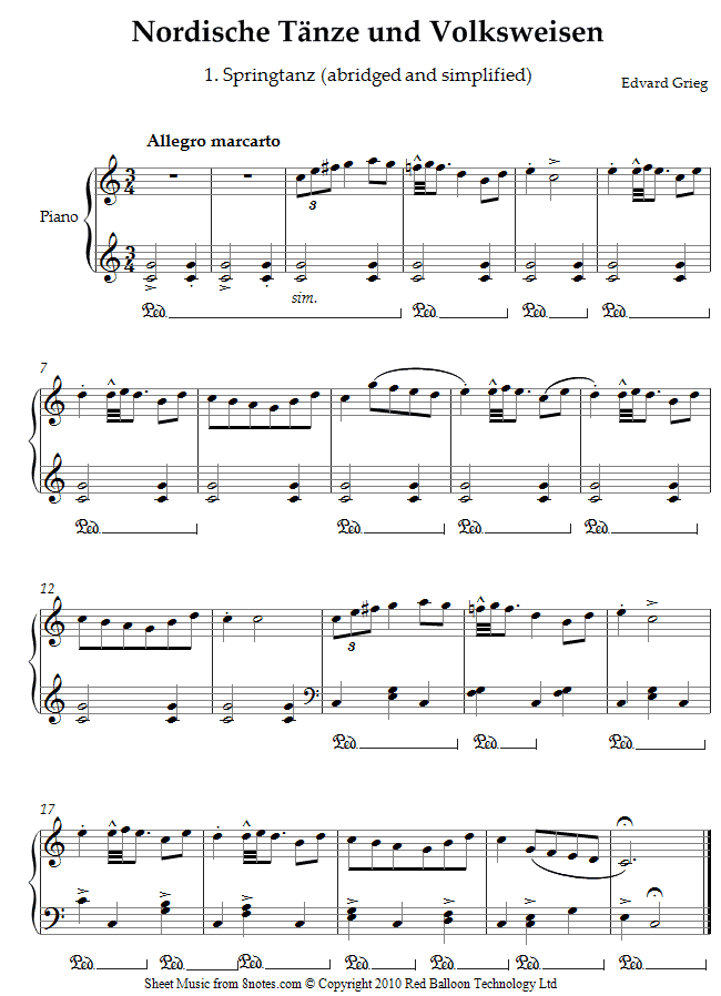 Grieg - Nordische Tanze und Volksweisen 1. Springtanz (abridged and simplified) sheet music for Piano Grieg - Nordische Tanze und Volksweisen 1. Springtanz (abridged and simplified) sheet music for Piano