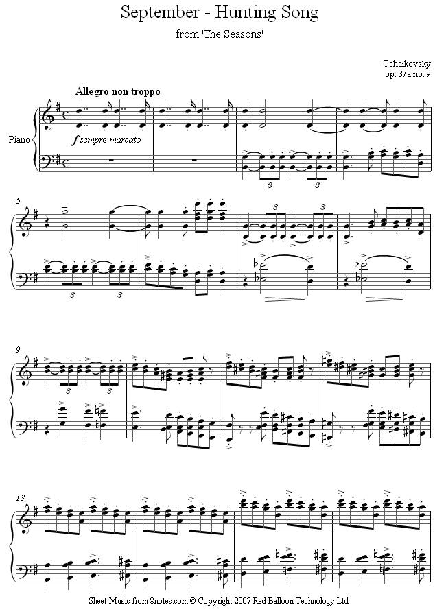 Tchaikovsky - September- Hunting Song from The Seasons sheet music for Piano Tchaikovsky - September- Hunting Song from The Seasons sheet music for Piano