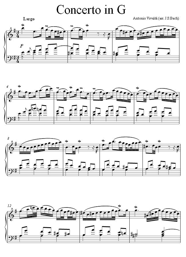 Vivaldi - Concerto in G 2nd Mvt Adagio (arranged Bach) sheet music for Piano Vivaldi - Concerto in G 2nd Mvt Adagio (arranged Bach) sheet music for Piano