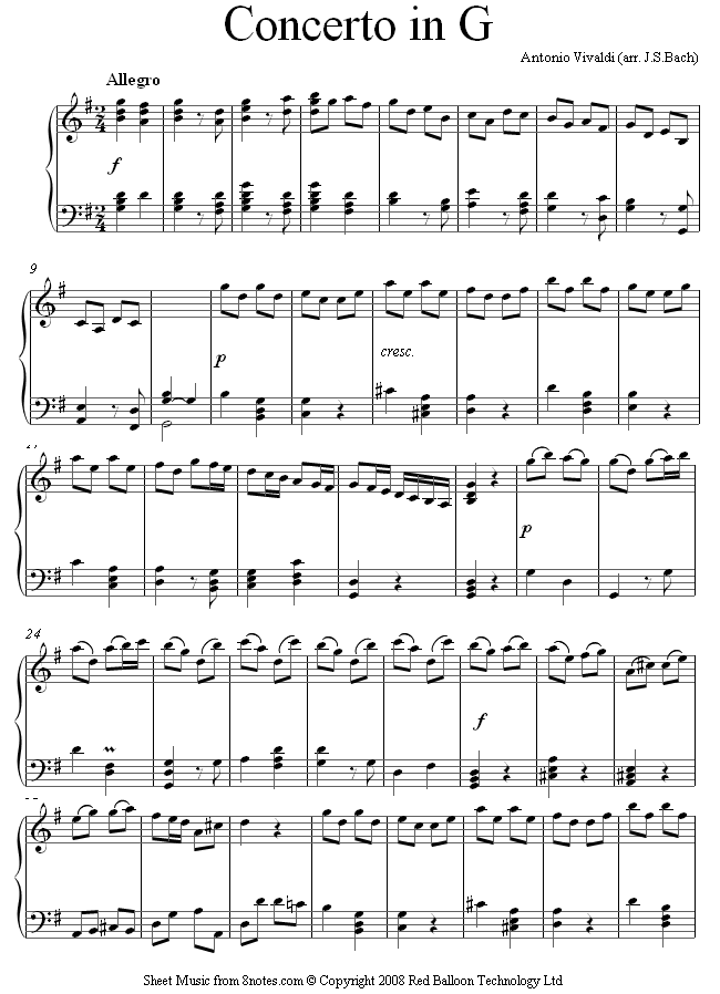 Vivaldi - Concerto in G 1st Movement (arranged Bach) sheet music for Piano Vivaldi - Concerto in G 1st Movement (arranged Bach) sheet music for Piano
