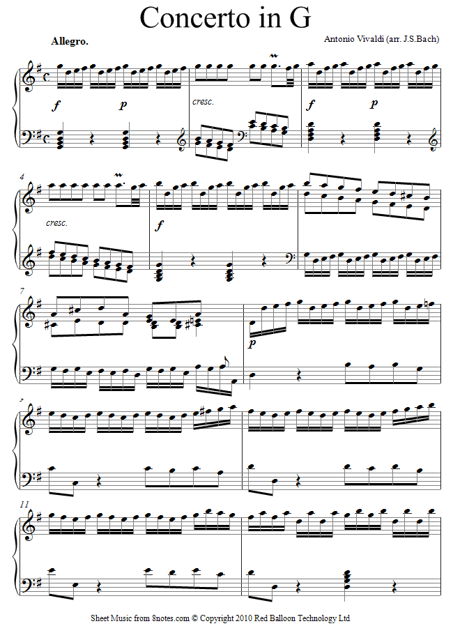Vivaldi - Concerto in G 3rd Mvt Allegro (arranged Bach) sheet music for Piano Vivaldi - Concerto in G 3rd Mvt Allegro (arranged Bach) sheet music for Piano