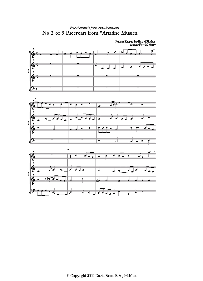 Fischer - 5 Ricercari (no.2) from Ariadne Musica (4 recorders) sheet music for Recorder Ensemble Fischer - 5 Ricercari (no.2) from Ariadne Musica (4 recorders) sheet music for Recorder Ensemble