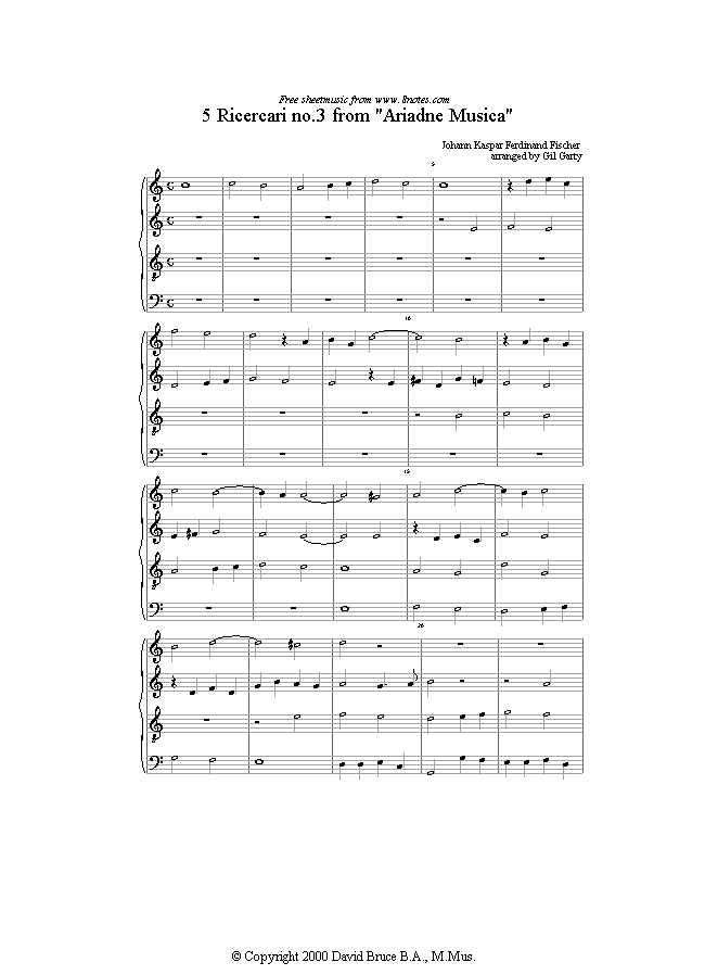 Fischer - 5 Ricercari (no.3) from Ariadne Musica (4 recorders) sheet music for Recorder Ensemble Fischer - 5 Ricercari (no.3) from Ariadne Musica (4 recorders) sheet music for Recorder Ensemble