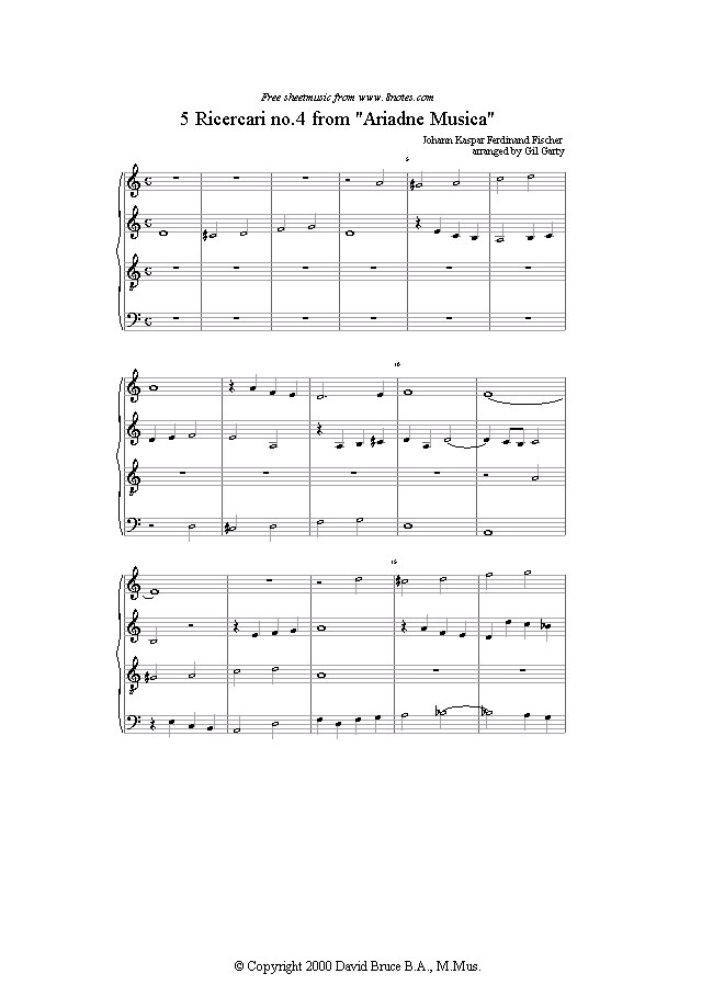 Fischer - 5 Ricercari (no.4) from Ariadne Musica (4 recorders) sheet music for Recorder Ensemble Fischer - 5 Ricercari (no.4) from Ariadne Musica (4 recorders) sheet music for Recorder Ensemble