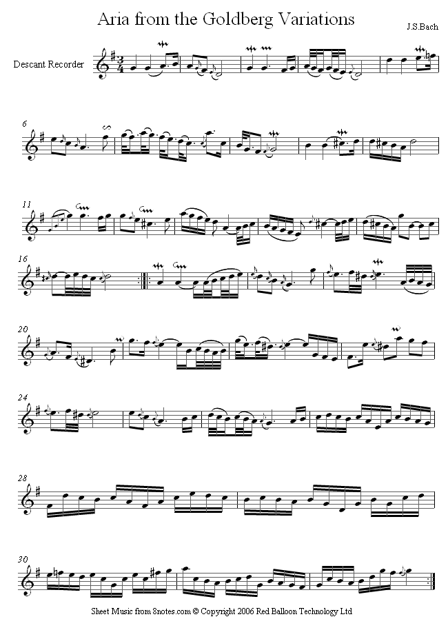 Bach - Aria from Goldberg Variations sheet music for Recorder Bach - Aria from Goldberg Variations sheet music for Recorder