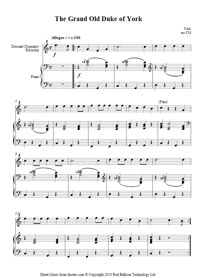 The Grand Old Duke of York sheet music for Recorder The Grand Old Duke of York sheet music for Recorder