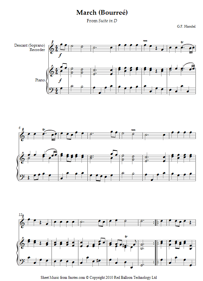 Handel - March -Bourree From Suite in D sheet music for Recorder Handel - March -Bourree From Suite in D sheet music for Recorder