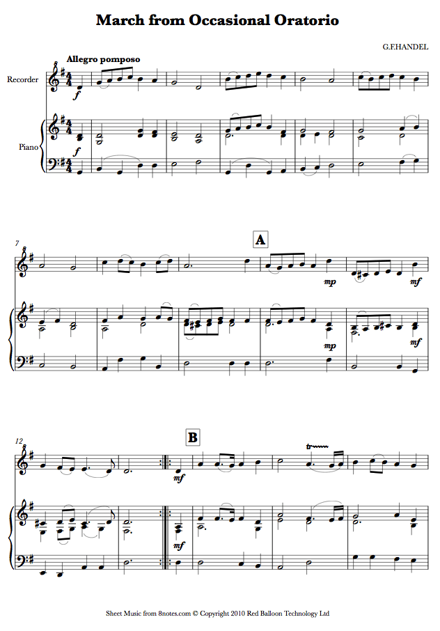 Handel March from Occasional Oratorio sheet music for Recorder