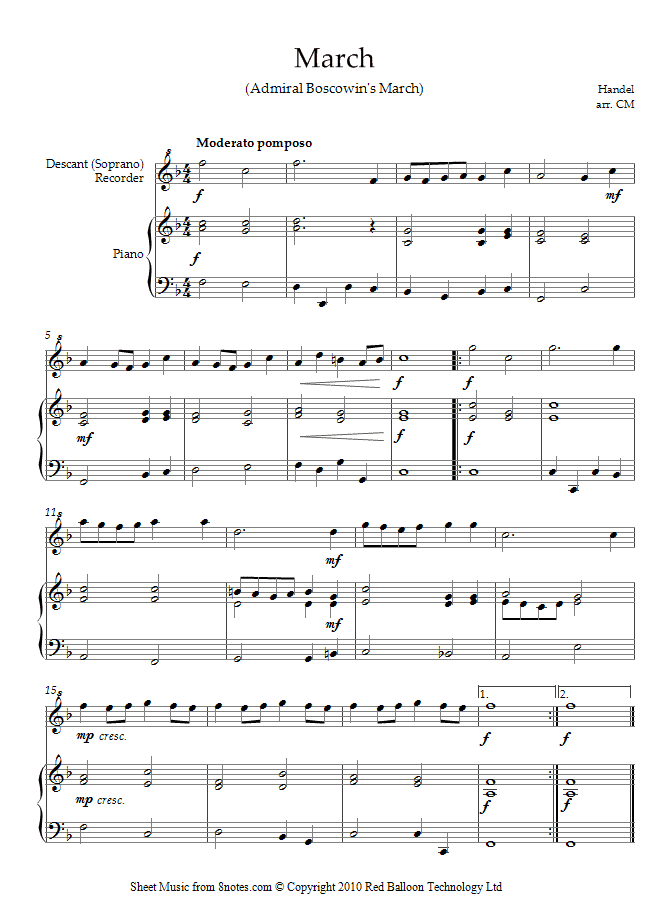 Handel - Admiral Boscowins March sheet music for Recorder Handel - Admiral Boscowins March sheet music for Recorder