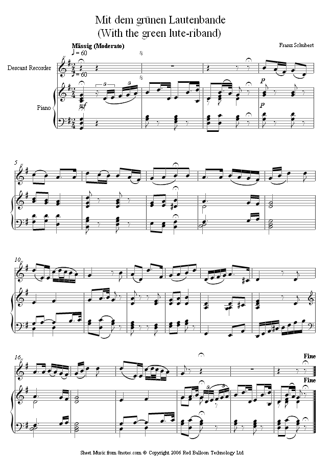 Schubert - With the green lute-riband sheet music for Recorder Schubert - With the green lute-riband sheet music for Recorder