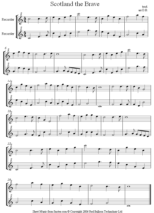 Scotland the Brave sheet music for Recorder Scotland the Brave sheet music for Recorder