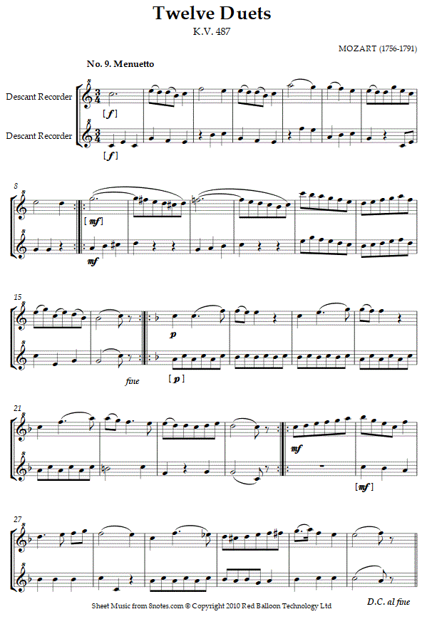 Mozart Twelve Duets k.487 no.9 sheet music for Recorder Duet