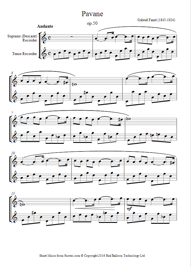 Fauré - Pavanne sheet music for Recorder Duet Fauré - Pavanne sheet music for Recorder Duet