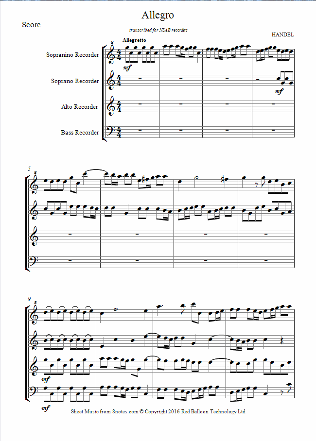 Handel Allegro sheet music for Recorder Quartet