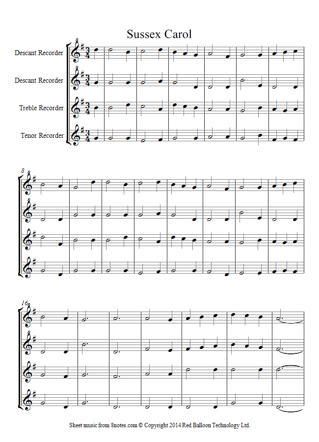 Sussex Carol sheet music for Recorder Quartet
