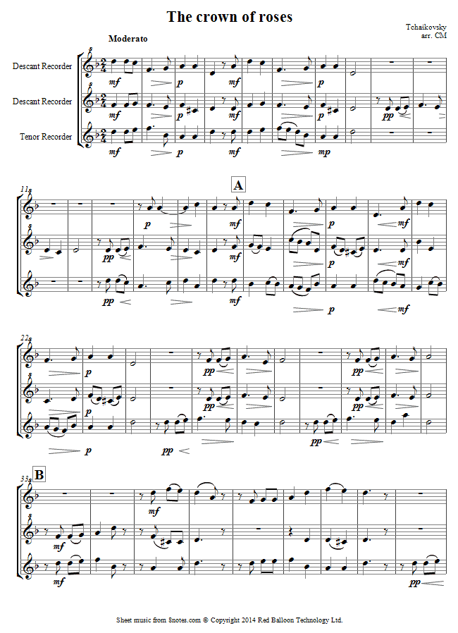 Tchaikovsky - The Crown of Roses (2 descants, 1 tenor recorder) sheet music for Recorder Trio Tchaikovsky - The Crown of Roses (2 descants, 1 tenor recorder) sheet music for Recorder Trio