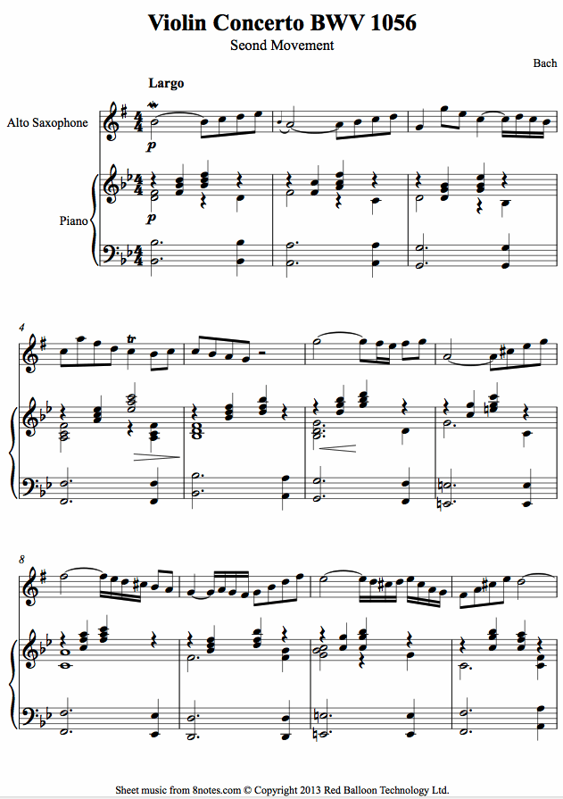 Bach - Violin Concerto 2nd mvt (arranged for alto saxophone) sheet music for Saxophone Bach - Violin Concerto 2nd mvt (arranged for alto saxophone) sheet music for Saxophone
