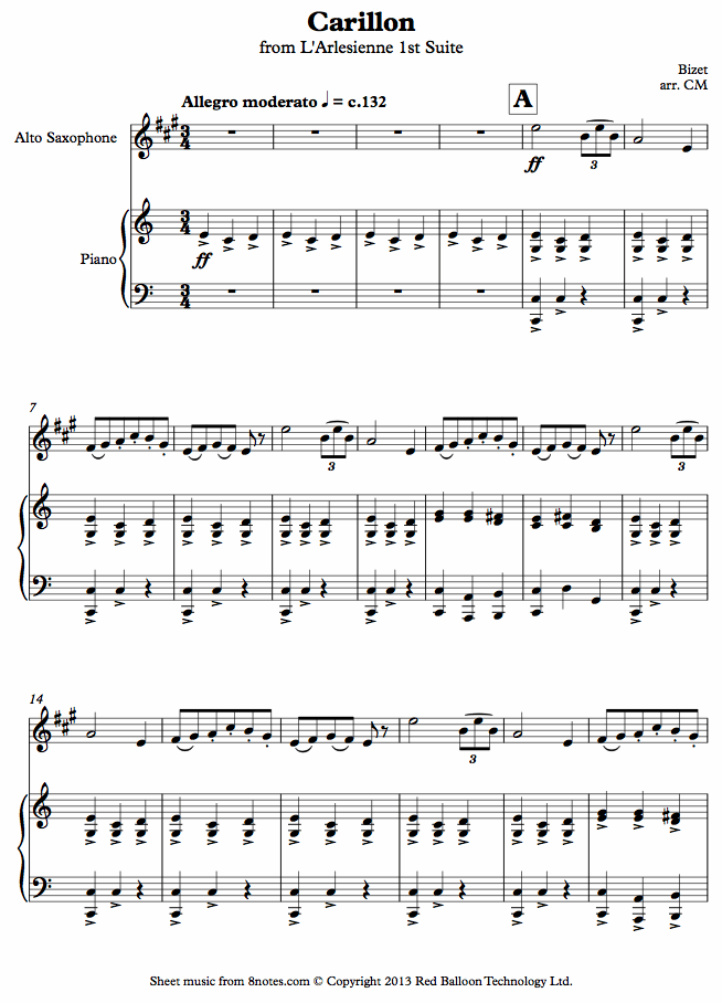Bizet - Carillon from L'Arlesienne 1st Suite sheet music for Saxophone Bizet - Carillon from L'Arlesienne 1st Suite sheet music for Saxophone