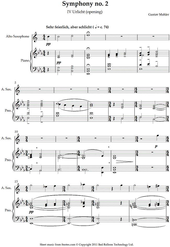 Mahler - Symphony no. 2 IV Urlicht (opening) sheet music for Saxophone Mahler - Symphony no. 2 IV Urlicht (opening) sheet music for Saxophone