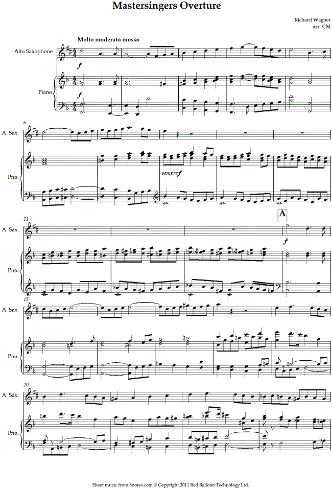 Wagner - Mastersingers Overture (Die Meistersinger) sheet music for Saxophone Wagner - Mastersingers Overture (Die Meistersinger) sheet music for Saxophone