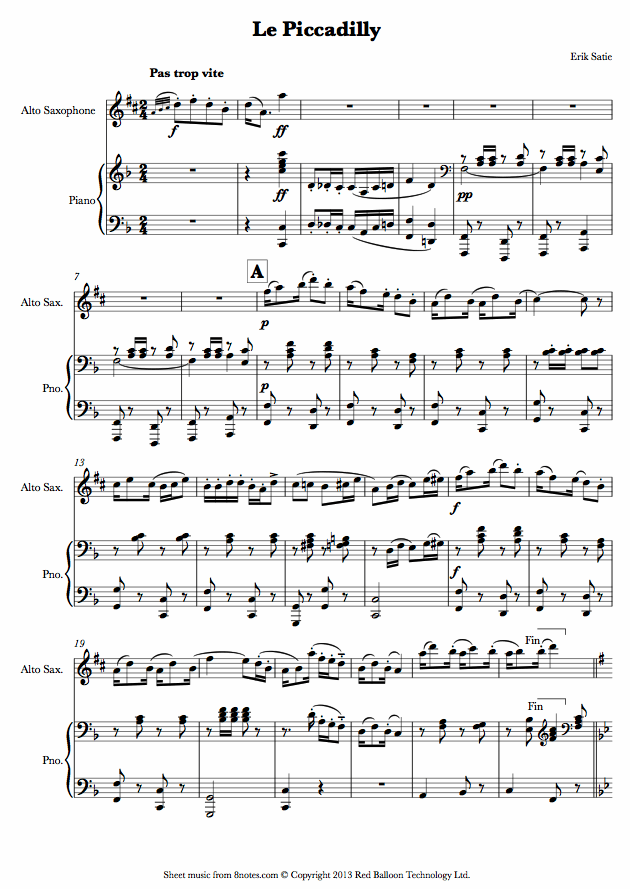 Satie - Le Piccadilly sheet music for Saxophone Satie - Le Piccadilly sheet music for Saxophone