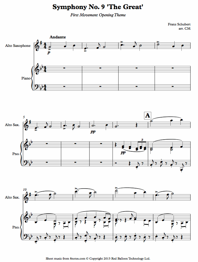 Schubert - Symphony No. 9 The Great First Movement Opening Theme sheet music for Saxophone Schubert - Symphony No. 9 The Great First Movement Opening Theme sheet music for Saxophone