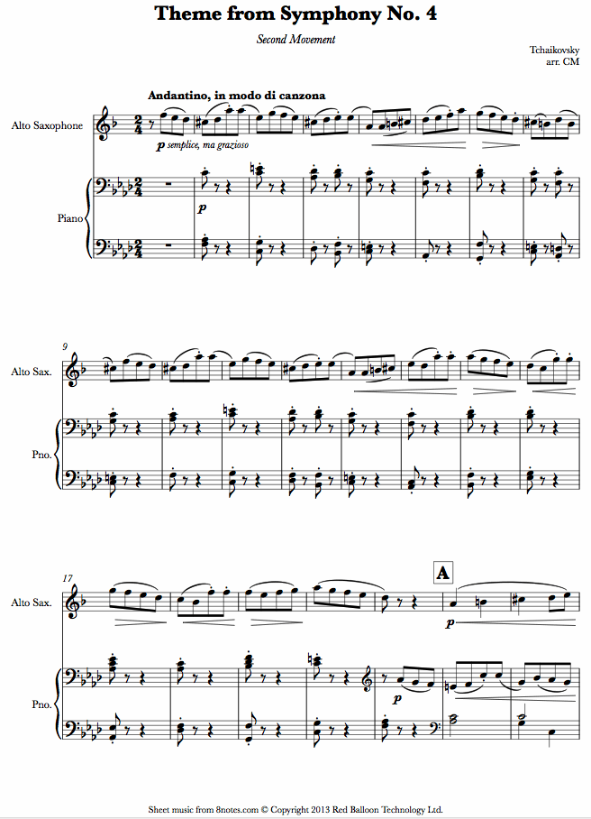 Tchaikovsky - Theme from Symphony No.4 2nd mvt sheet music for Saxophone Tchaikovsky - Theme from Symphony No.4 2nd mvt sheet music for Saxophone