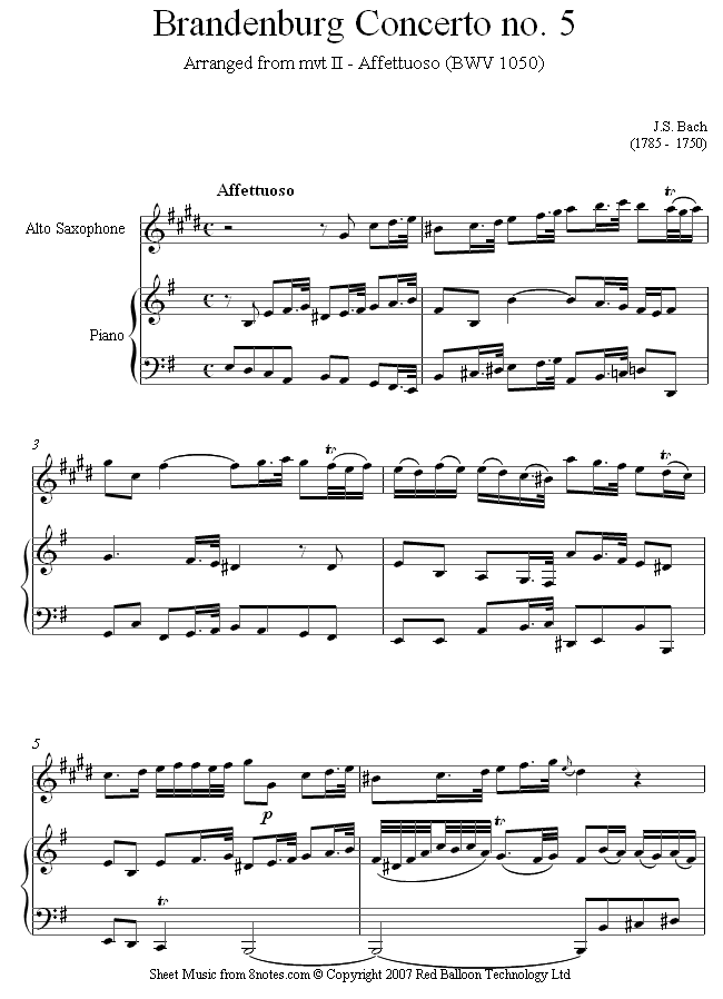 Bach - Brandenburg Concerto no. 5 mvt II extract- Affettuoso sheet music for Saxophone Bach - Brandenburg Concerto no. 5 mvt II extract- Affettuoso sheet music for Saxophone