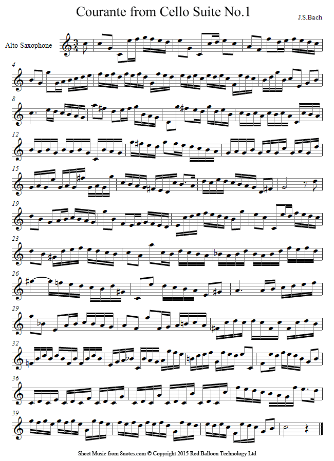 Bach - Courante from Cello Suite No.1 sheet music for Saxophone